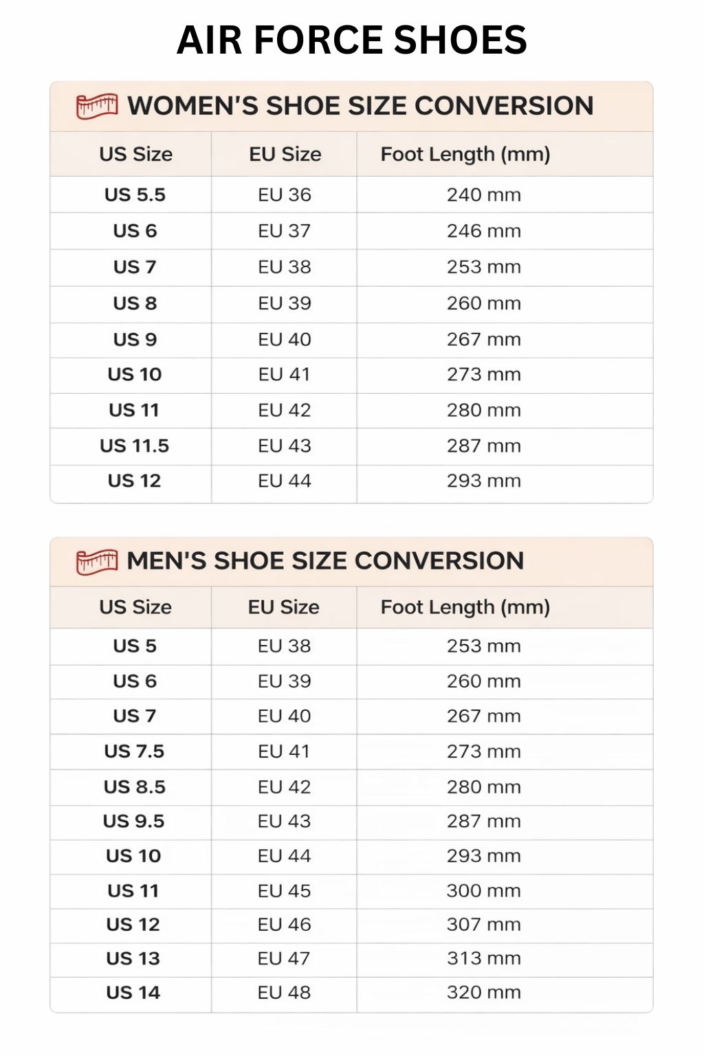 Air Force Shoes Size Chart - Trigun Shop
